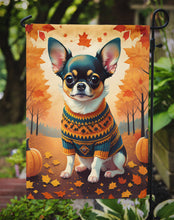 Load image into Gallery viewer, Tricolor Chihuahua Fall Garden Flag – Dog Surrounded by Pumpkins &amp; Autumn Leaves