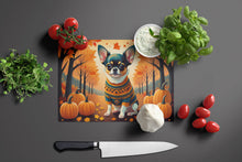 Load image into Gallery viewer, Tricolor Chihuahua Fall Glass Cutting Boards – Durable, Decorative Kitchen Art Large
