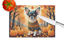 Load image into Gallery viewer, Tricolor Chihuahua Fall Glass Cutting Boards – Durable, Decorative Kitchen Art Large