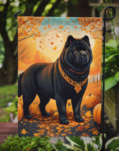 Load image into Gallery viewer, Black Chow Chow Fall Garden Flag – Dog Surrounded by Pumpkins &amp; Autumn Leaves