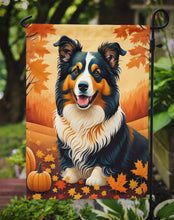 Load image into Gallery viewer, Collie Fall Garden Flag – Dog Surrounded by Pumpkins &amp; Autumn Leaves