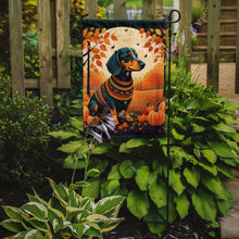 Load image into Gallery viewer, Dachshund Fall Garden Flag – Dog Surrounded by Pumpkins &amp; Autumn Leaves