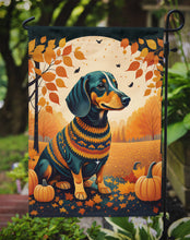 Load image into Gallery viewer, Dachshund Fall Garden Flag – Dog Surrounded by Pumpkins &amp; Autumn Leaves