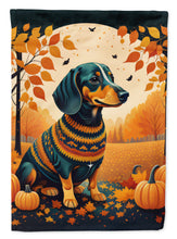 Load image into Gallery viewer, Dachshund Fall Garden Flag – Dog Surrounded by Pumpkins &amp; Autumn Leaves