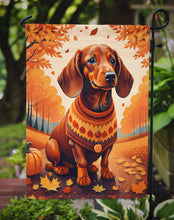 Load image into Gallery viewer, Dachshund Fall Garden Flag – Dog Surrounded by Pumpkins &amp; Autumn Leaves