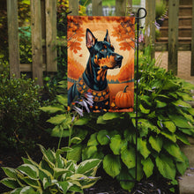 Load image into Gallery viewer, Doberman Pinscher Fall Garden Flag – Dog Surrounded by Pumpkins &amp; Autumn Leaves