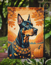 Load image into Gallery viewer, Doberman Pinscher Fall Garden Flag – Dog Surrounded by Pumpkins &amp; Autumn Leaves