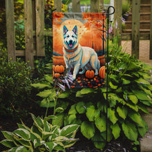 Load image into Gallery viewer, White German Shepherd Fall Garden Flag – Dog Surrounded by Pumpkins &amp; Autumn Leaves