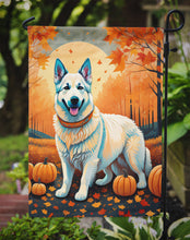 Load image into Gallery viewer, White German Shepherd Fall Garden Flag – Dog Surrounded by Pumpkins &amp; Autumn Leaves