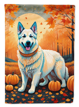 Load image into Gallery viewer, White German Shepherd Fall Garden Flag – Dog Surrounded by Pumpkins &amp; Autumn Leaves