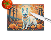 Load image into Gallery viewer, White German Shepherd Fall Glass Cutting Boards – Durable, Decorative Kitchen Art Large