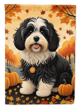 Load image into Gallery viewer, Havanese Fall Garden Flag – Dog Surrounded by Pumpkins &amp; Autumn Leaves