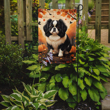 Load image into Gallery viewer, Japanese Chin Fall Garden Flag – Dog Surrounded by Pumpkins &amp; Autumn Leaves