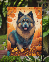 Load image into Gallery viewer, Keeshond Fall Garden Flag – Dog Surrounded by Pumpkins &amp; Autumn Leaves