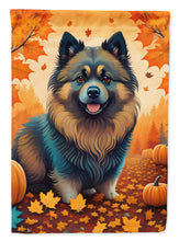 Load image into Gallery viewer, Keeshond Fall Garden Flag – Dog Surrounded by Pumpkins &amp; Autumn Leaves