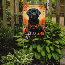 Load image into Gallery viewer, Black Labrador Retriever Fall Garden Flag – Dog Surrounded by Pumpkins &amp; Autumn Leaves