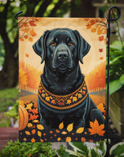 Load image into Gallery viewer, Black Labrador Retriever Fall Garden Flag – Dog Surrounded by Pumpkins &amp; Autumn Leaves