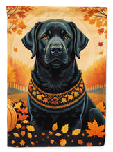 Load image into Gallery viewer, Black Labrador Retriever Fall Garden Flag – Dog Surrounded by Pumpkins &amp; Autumn Leaves