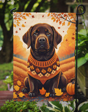 Load image into Gallery viewer, Chocolate Labrador Retriever Fall Garden Flag – Dog Surrounded by Pumpkins &amp; Autumn Leaves