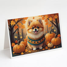 Load image into Gallery viewer, Pomeranian Fall Greeting Cards -  Blank Note Cards – 8-Pack of Artist-Designed Cards with Envelopes