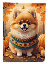 Load image into Gallery viewer, Pomeranian Fall Garden Flag – Dog Surrounded by Pumpkins &amp; Autumn Leaves