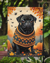Load image into Gallery viewer, Black Pug Fall Garden Flag – Dog Surrounded by Pumpkins &amp; Autumn Leaves