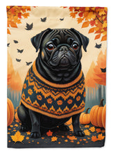 Load image into Gallery viewer, Black Pug Fall Garden Flag – Dog Surrounded by Pumpkins &amp; Autumn Leaves