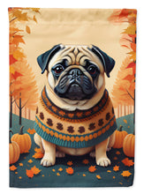Load image into Gallery viewer, Fawn Pug Fall Garden Flag – Dog Surrounded by Pumpkins &amp; Autumn Leaves