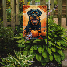 Load image into Gallery viewer, Rottweiler Fall Garden Flag – Dog Surrounded by Pumpkins &amp; Autumn Leaves