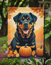 Load image into Gallery viewer, Rottweiler Fall Garden Flag – Dog Surrounded by Pumpkins &amp; Autumn Leaves