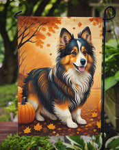 Load image into Gallery viewer, Sheltie Fall Garden Flag – Dog Surrounded by Pumpkins &amp; Autumn Leaves