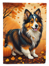 Load image into Gallery viewer, Sheltie Fall Garden Flag – Dog Surrounded by Pumpkins &amp; Autumn Leaves