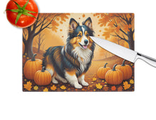 Load image into Gallery viewer, Sheltie Fall Glass Cutting Boards – Durable, Decorative Kitchen Art Large