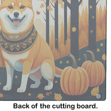 Load image into Gallery viewer, Shiba Inu Fall Glass Cutting Boards – Durable, Decorative Kitchen Art Large