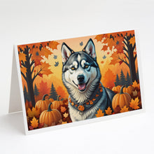 Load image into Gallery viewer, Siberian Husky Fall Greeting Cards -  Blank Note Cards – 8-Pack of Artist-Designed Cards with Envelopes