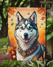 Load image into Gallery viewer, Siberian Husky Fall Garden Flag – Dog Surrounded by Pumpkins &amp; Autumn Leaves