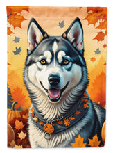Load image into Gallery viewer, Siberian Husky Fall Garden Flag – Dog Surrounded by Pumpkins &amp; Autumn Leaves