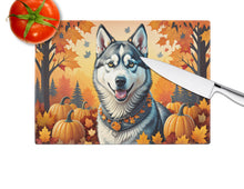 Load image into Gallery viewer, Siberian Husky Fall Glass Cutting Boards – Durable, Decorative Kitchen Art Large