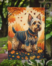 Load image into Gallery viewer, Silky Terrier Fall Garden Flag – Dog Surrounded by Pumpkins &amp; Autumn Leaves