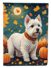Load image into Gallery viewer, Westie Fall Garden Flag – Dog Surrounded by Pumpkins &amp; Autumn Leaves