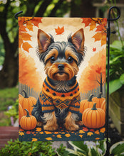 Load image into Gallery viewer, Yorkshire Terrier Fall Garden Flag – Dog Surrounded by Pumpkins &amp; Autumn Leaves