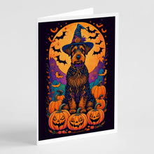 Load image into Gallery viewer, Airedale Terrier Witchy Halloween Greeting Cards -  Blank Note Cards – 8-Pack of Artist-Designed Cards with Envelopes