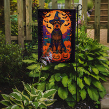 Load image into Gallery viewer, Airedale Terrier Witchy Halloween Garden Flag – Witch Dog with Pumpkins, Bats &amp; Jack-o'-Lanterns