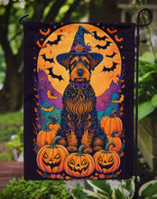 Load image into Gallery viewer, Airedale Terrier Witchy Halloween Garden Flag – Witch Dog with Pumpkins, Bats &amp; Jack-o'-Lanterns