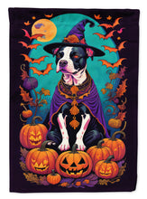 Load image into Gallery viewer, Pit Bull Terrier Witchy Halloween Garden Flag – Witch Dog with Pumpkins, Bats &amp; Jack-o'-Lanterns
