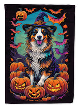 Load image into Gallery viewer, Australian Shepherd Witchy Halloween Garden Flag – Witch Dog with Pumpkins, Bats &amp; Jack-o'-Lanterns