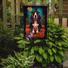 Load image into Gallery viewer, Basset Hound Witchy Halloween Garden Flag – Witch Dog with Pumpkins, Bats &amp; Jack-o'-Lanterns
