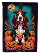 Load image into Gallery viewer, Basset Hound Witchy Halloween Garden Flag – Witch Dog with Pumpkins, Bats &amp; Jack-o'-Lanterns