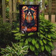 Load image into Gallery viewer, Bearded Collie Witchy Halloween Garden Flag – Witch Dog with Pumpkins, Bats &amp; Jack-o'-Lanterns
