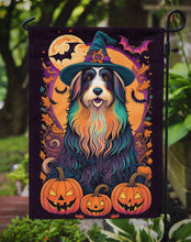 Load image into Gallery viewer, Bearded Collie Witchy Halloween Garden Flag – Witch Dog with Pumpkins, Bats &amp; Jack-o'-Lanterns
